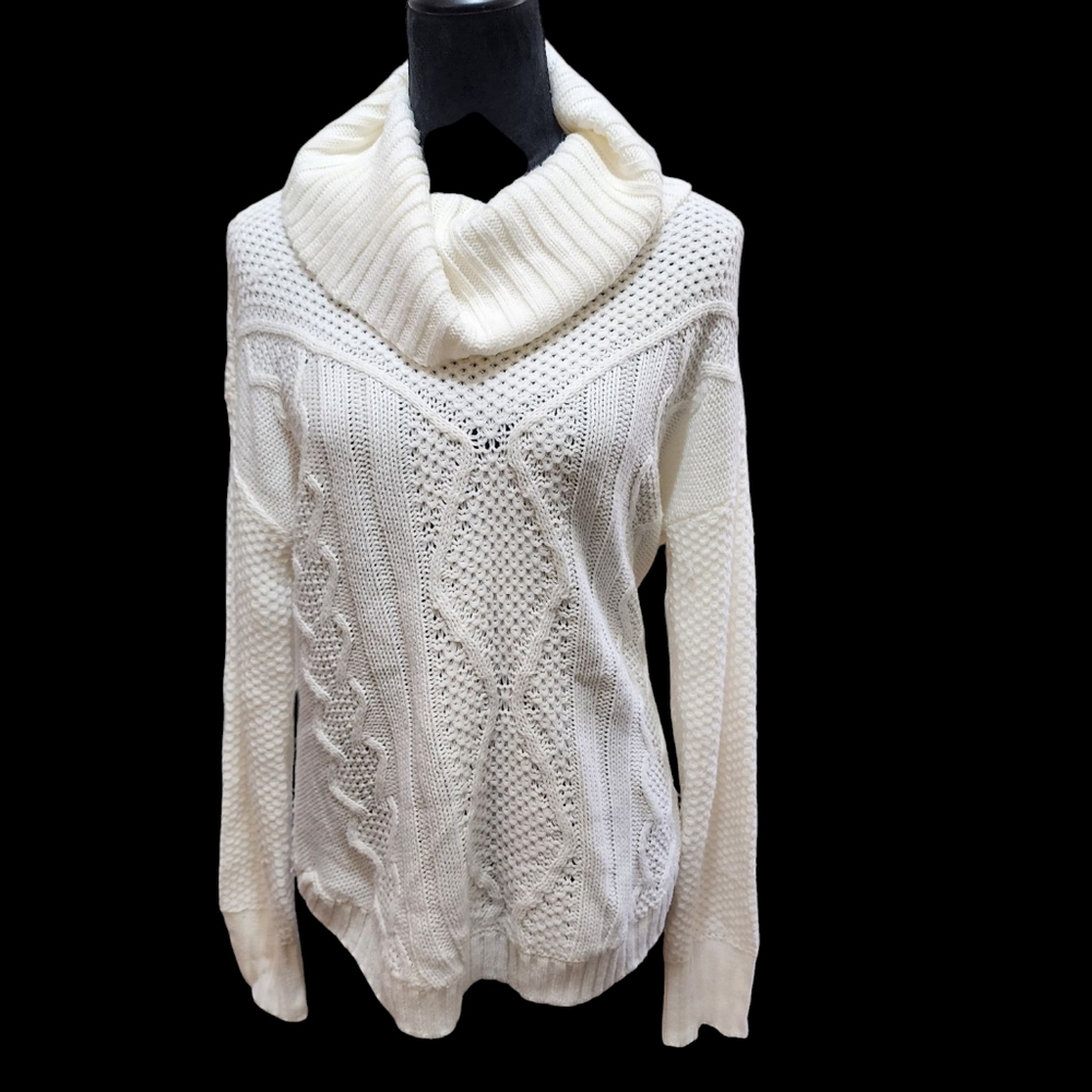 Indigo Cream Cable Knit Cowl Neck Sweater